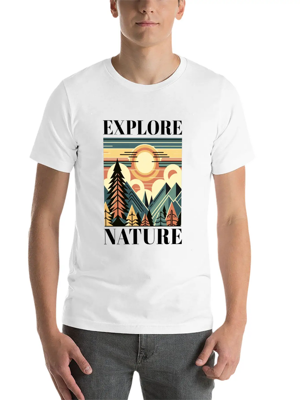 "EXPLORE NATURE" ART DECO MOUNTAIN SUNSET GIFT Breathable Graphic T-Shirt – Perfect For Casual Days