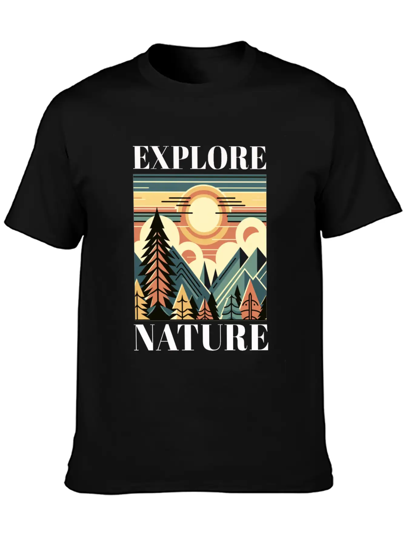 "EXPLORE NATURE" ART DECO MOUNTAIN SUNSET GIFT Breathable Graphic T-Shirt – Perfect For Casual Days