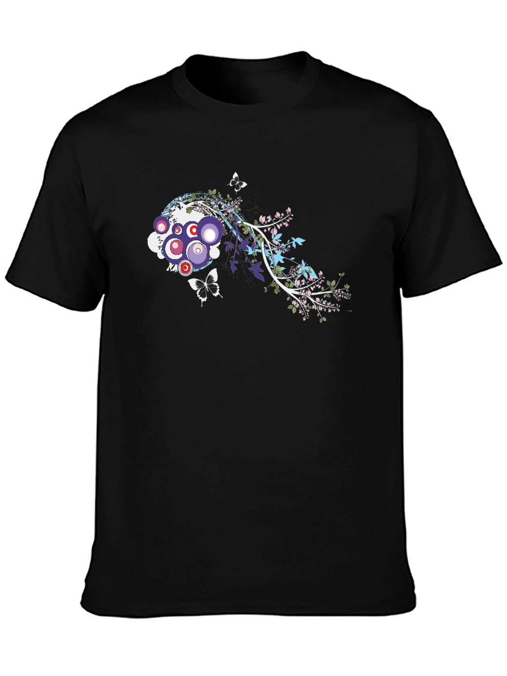 Abstract Floral Butterfly Graphic Black T-Shirt