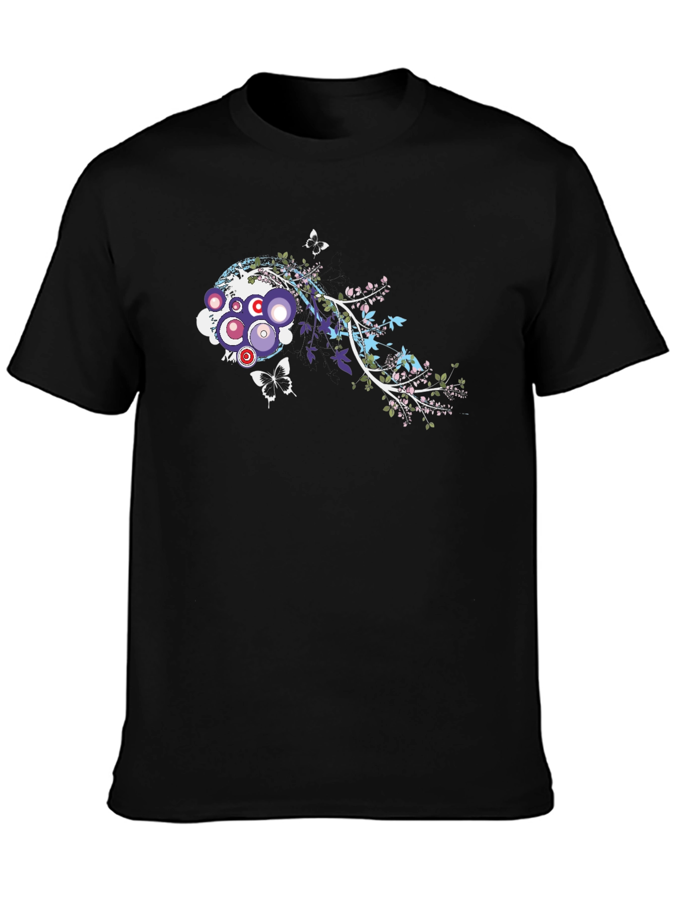 Abstract Floral Butterfly Graphic Black T-Shirt