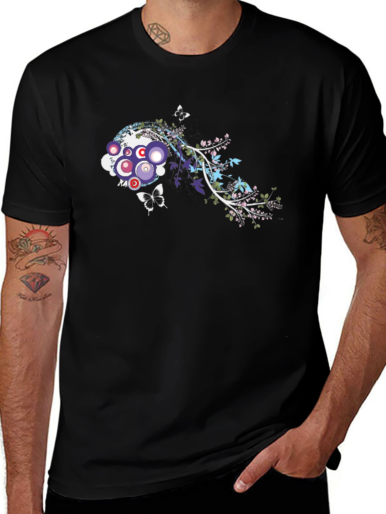Abstract Floral Butterfly Graphic Black T-Shirt