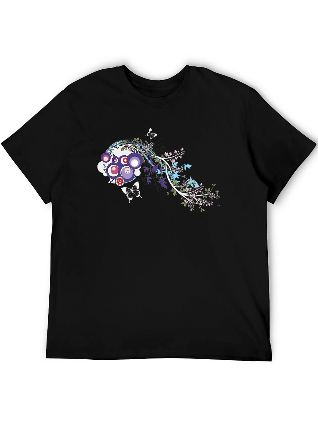 Abstract Floral Butterfly Graphic Black T-Shirt