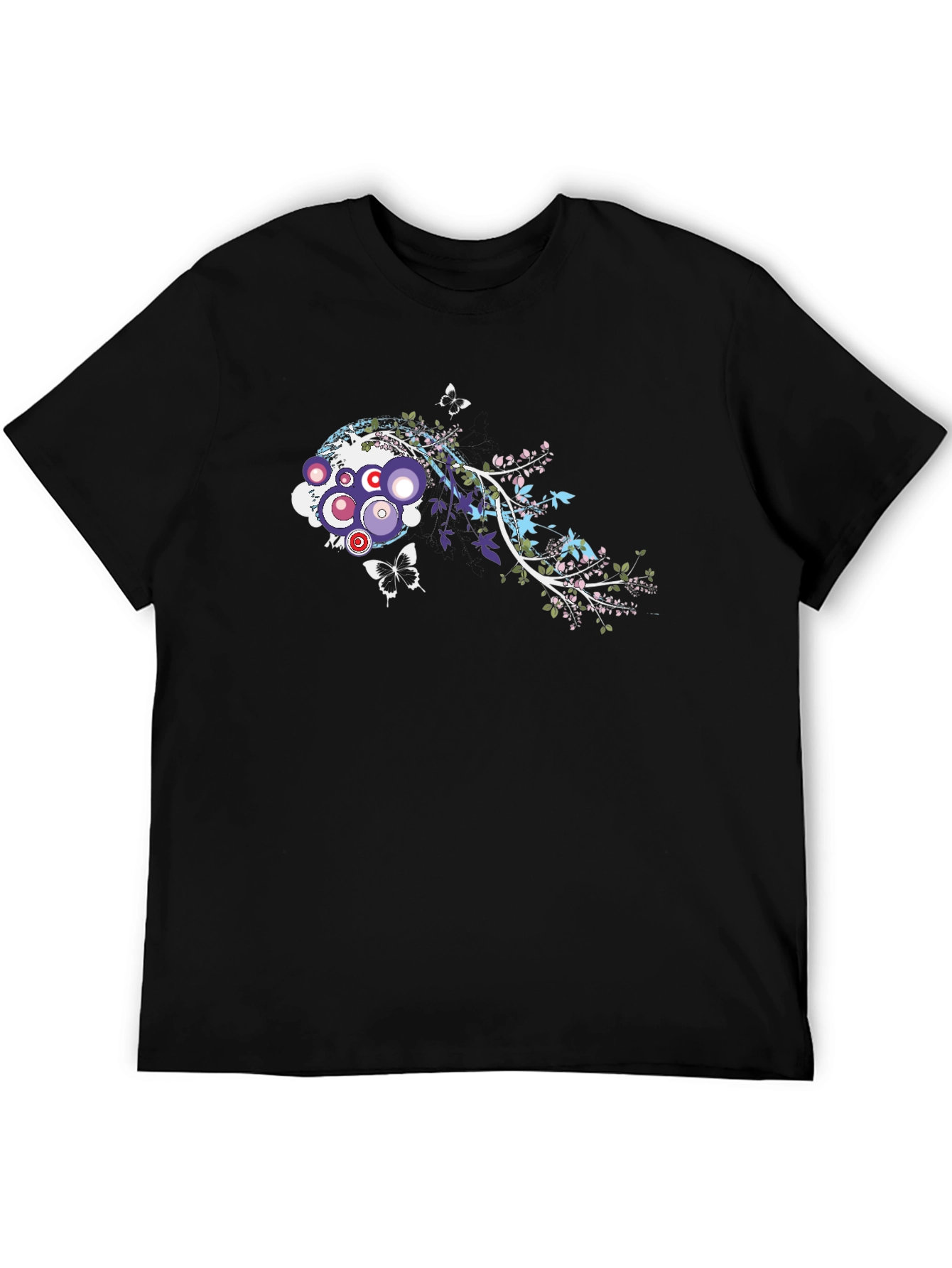 Abstract Floral Butterfly Graphic Black T-Shirt