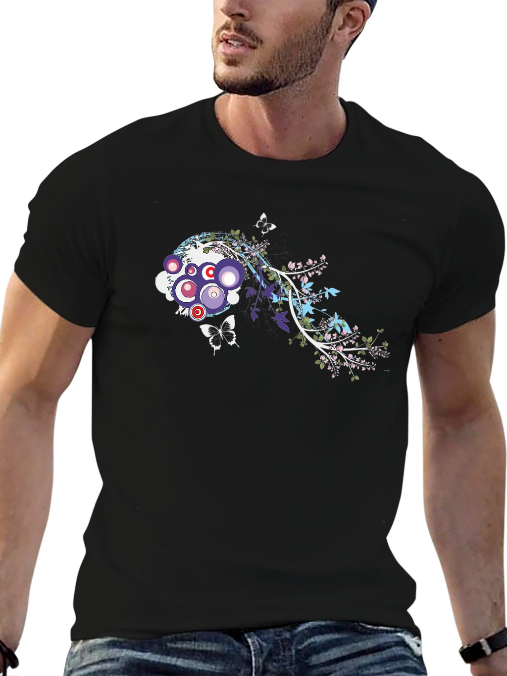 Abstract Floral Butterfly Graphic Black T-Shirt
