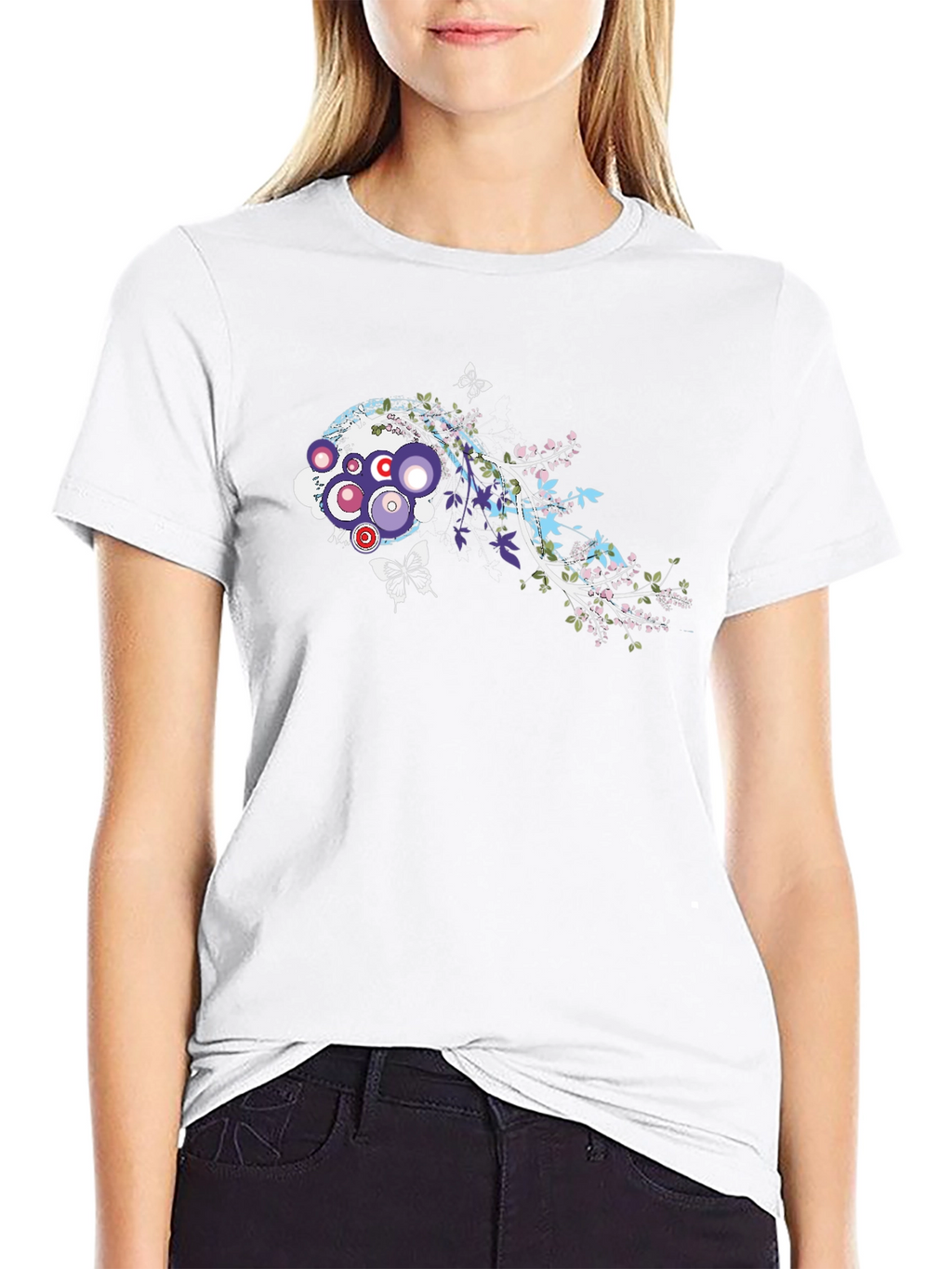 Abstract Floral Butterfly Graphic Black T-Shirt