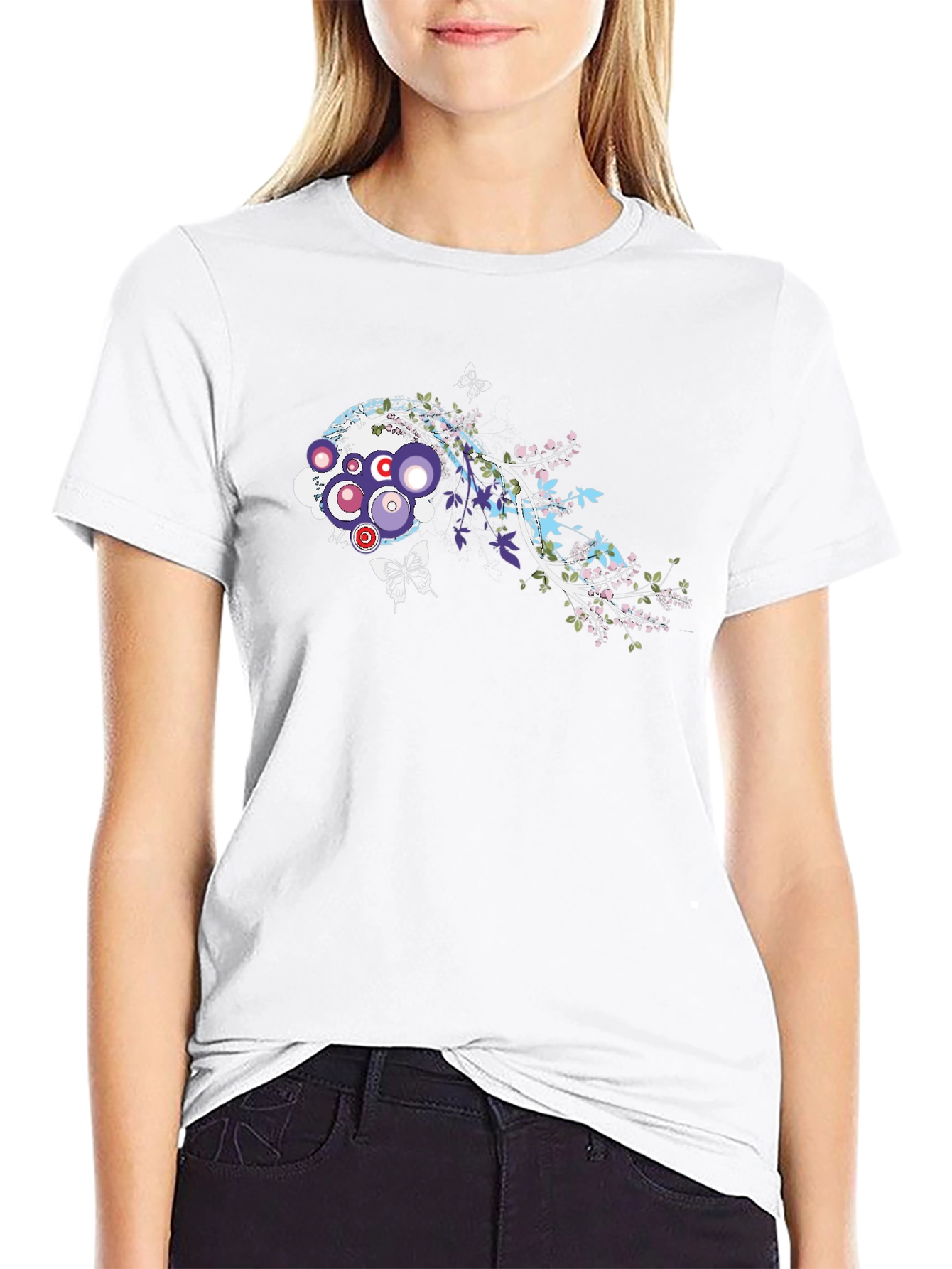 Abstract Floral Butterfly Graphic Black T-Shirt