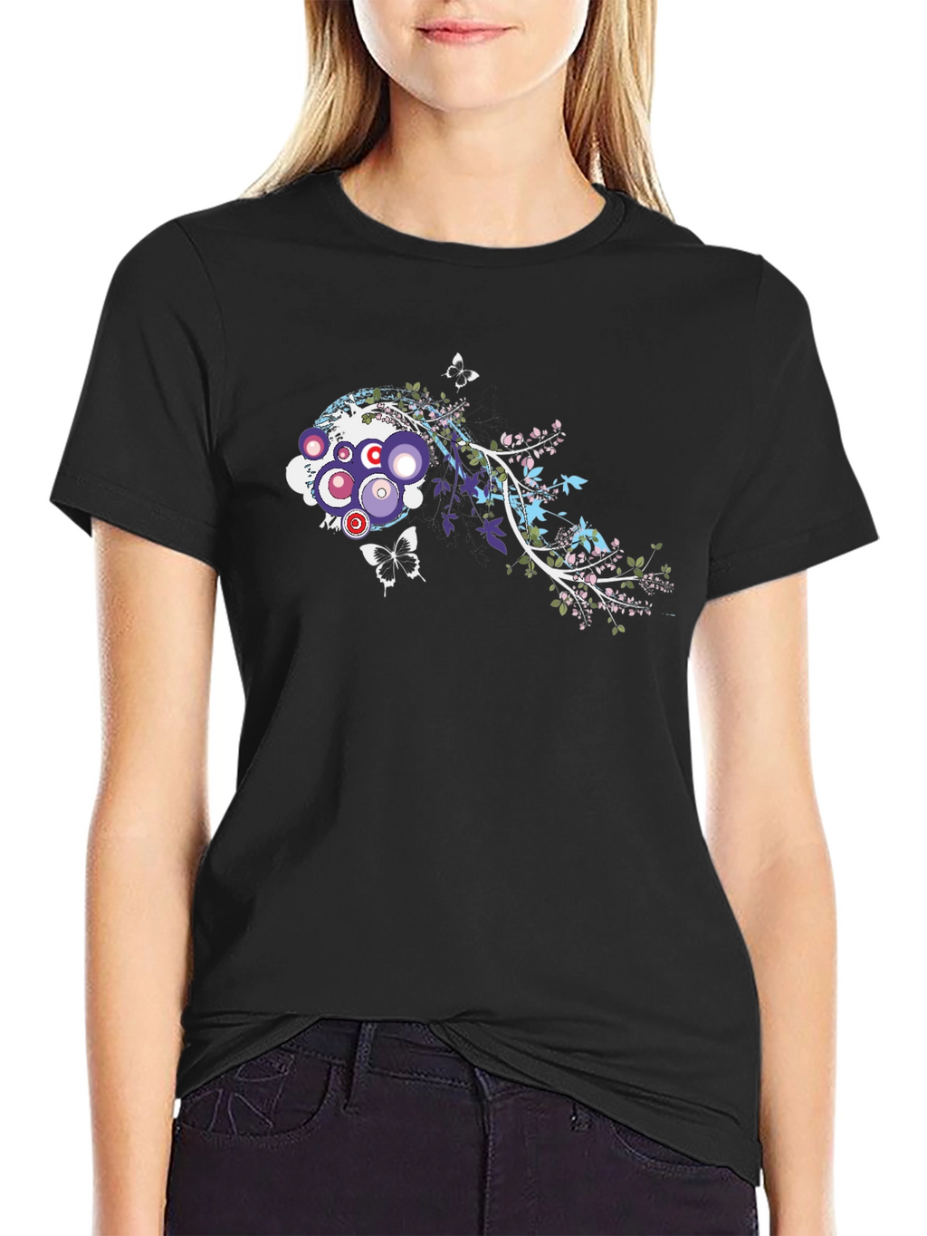 Abstract Floral Butterfly Graphic Black T-Shirt