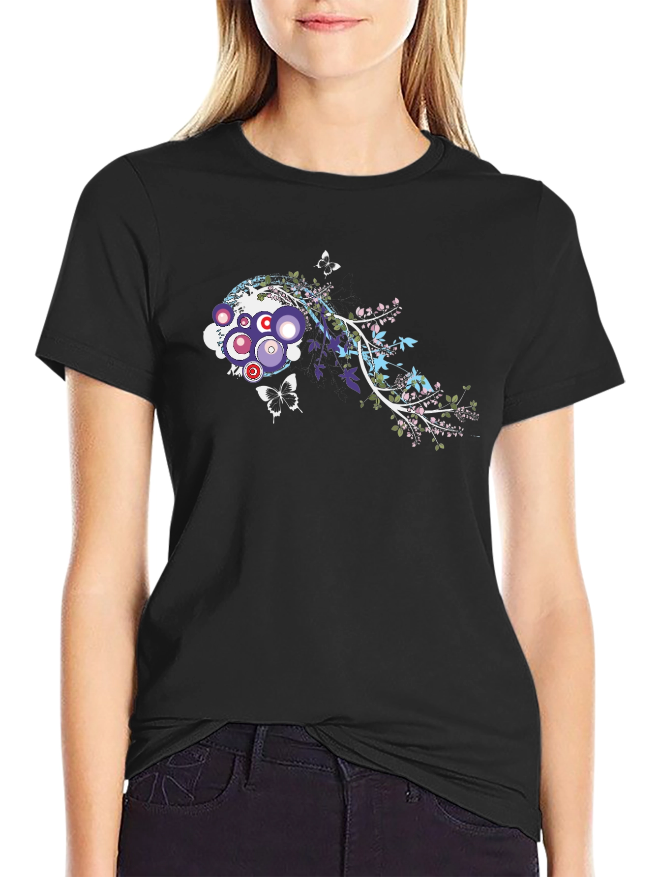 Abstract Floral Butterfly Graphic Black T-Shirt