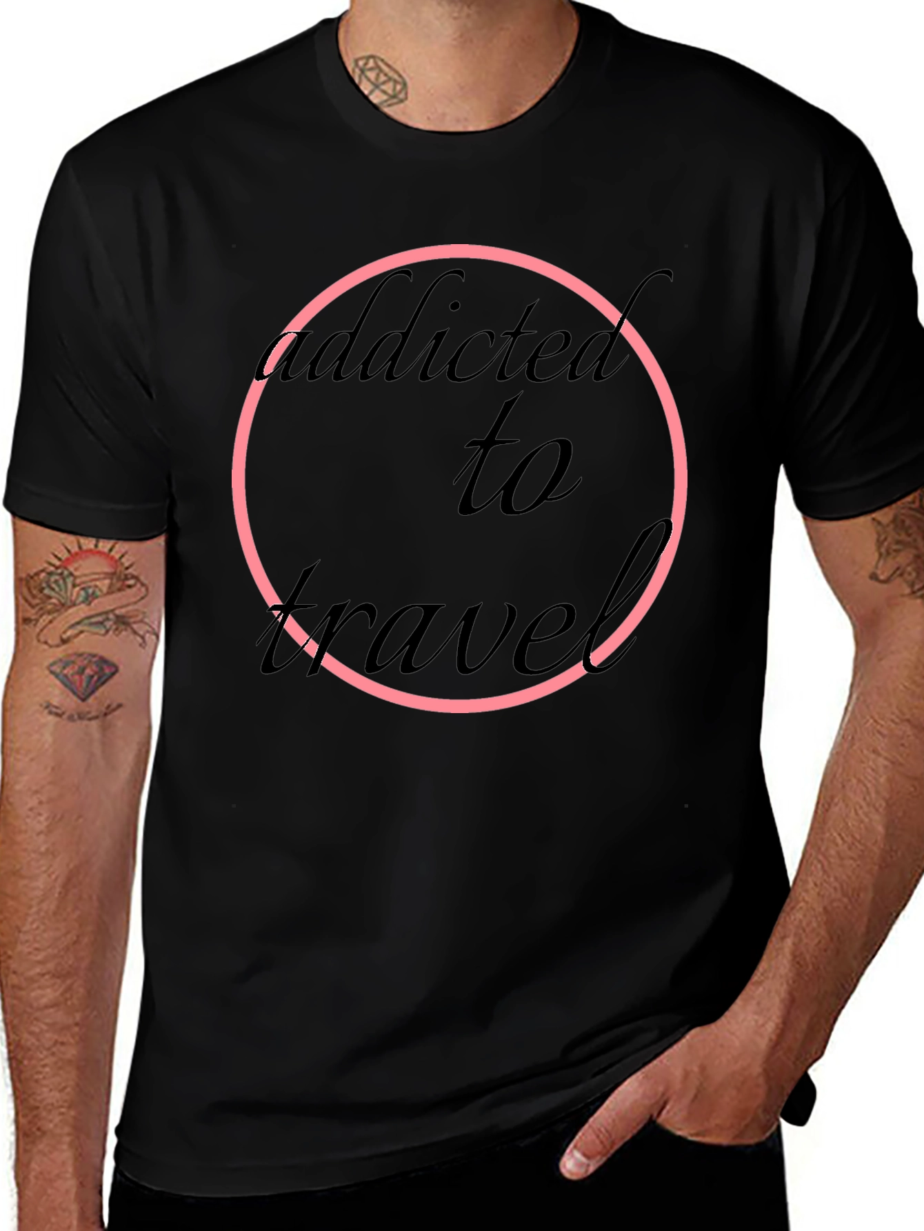 Addicted to Travel T-Shirt - Black Round Neck Short Sleeve