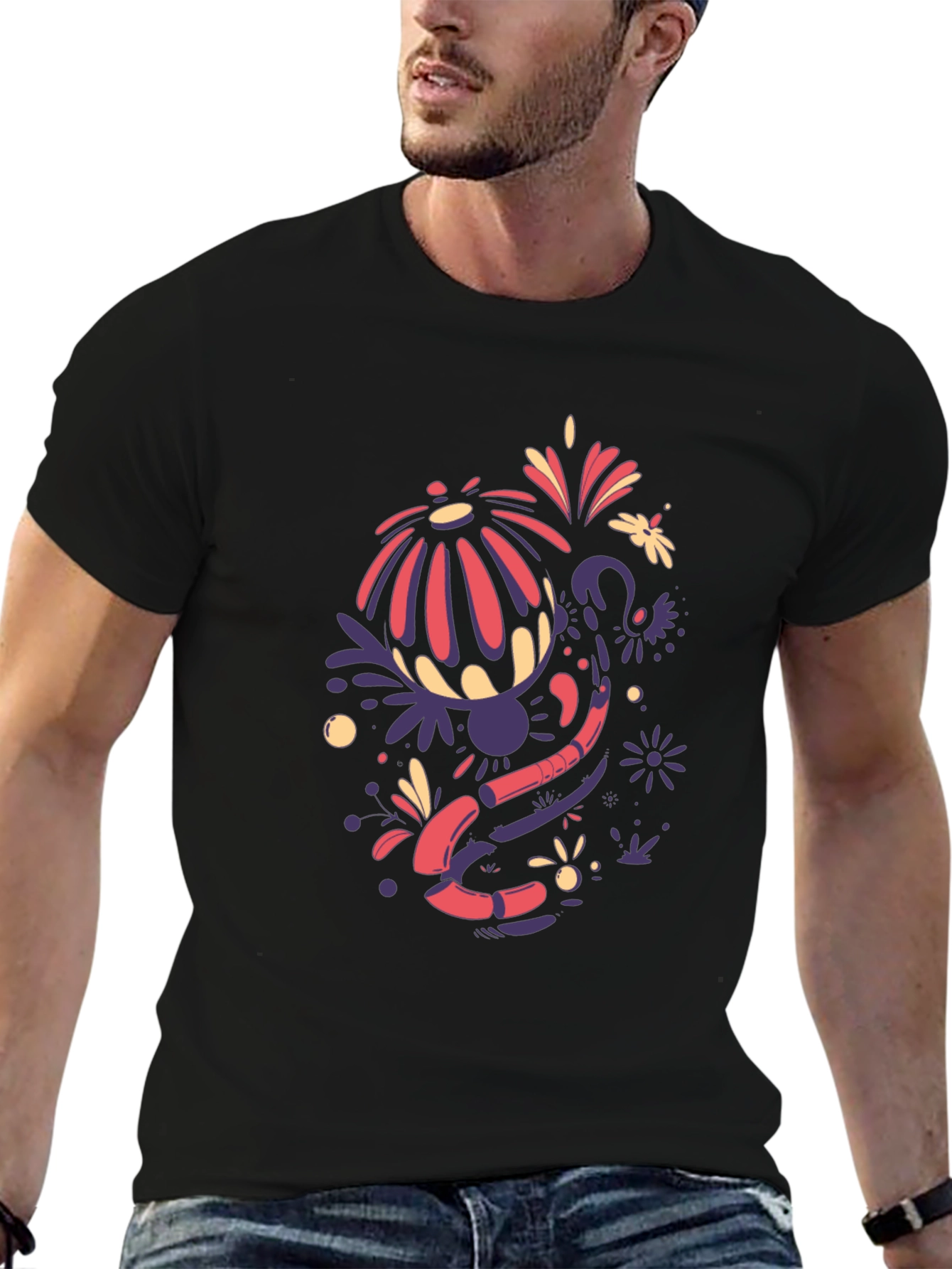 Abstract Floral Design Black T-Shirt