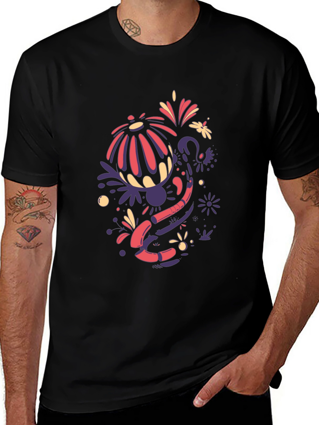 Abstract Floral Design Black T-Shirt