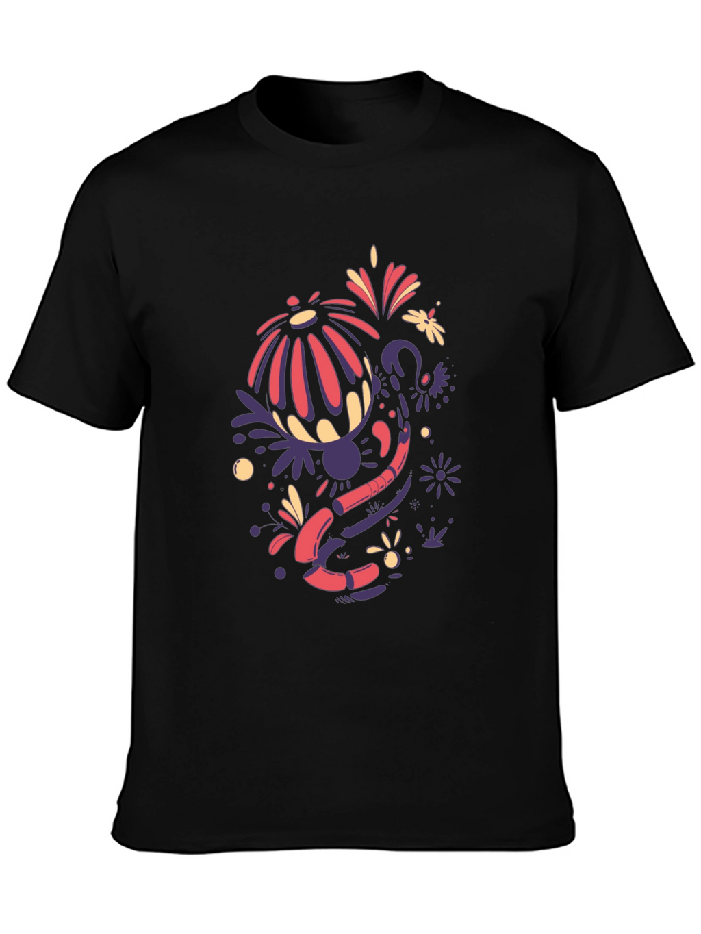 Abstract Floral Design Black T-Shirt