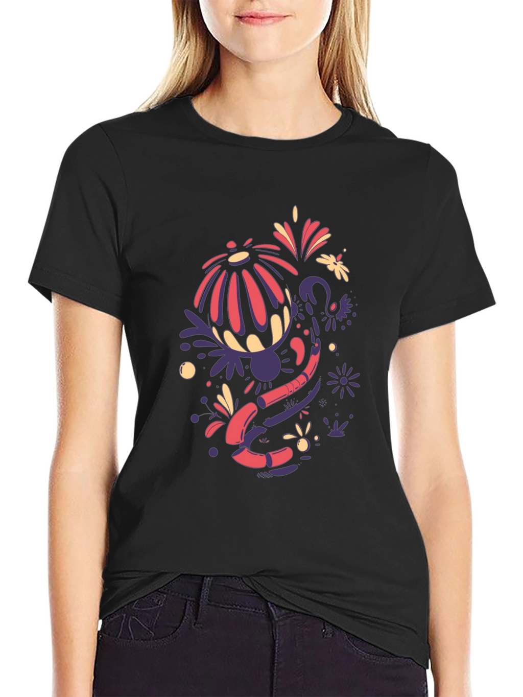 Abstract Floral Design Black T-Shirt