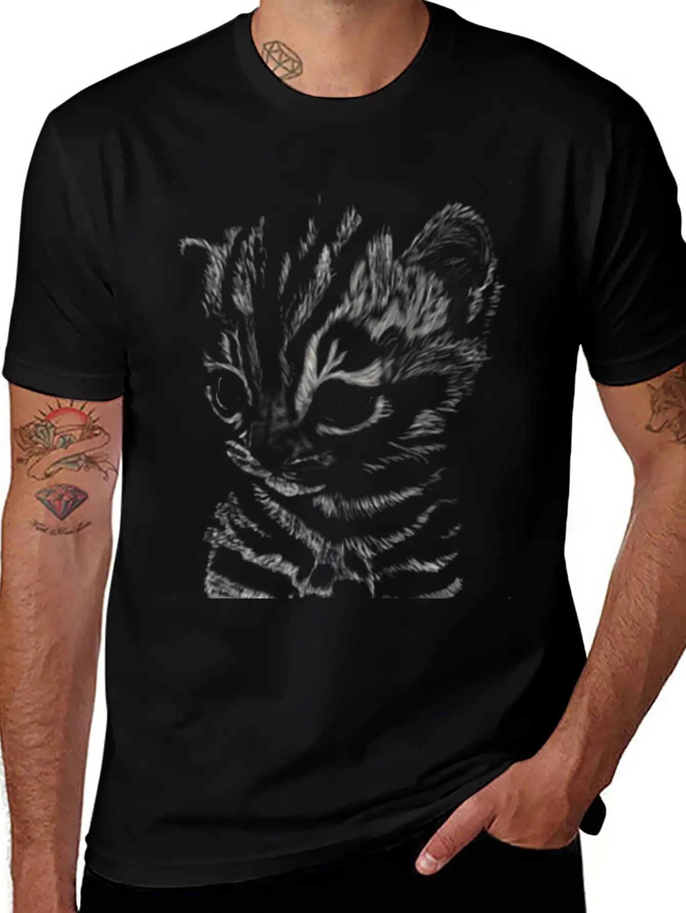 "Striped Kitten" Jamie's Hand-Drawn Cat Collection Soft Cotton Short Sleeve Tee – Unisex Wardrobe Staple