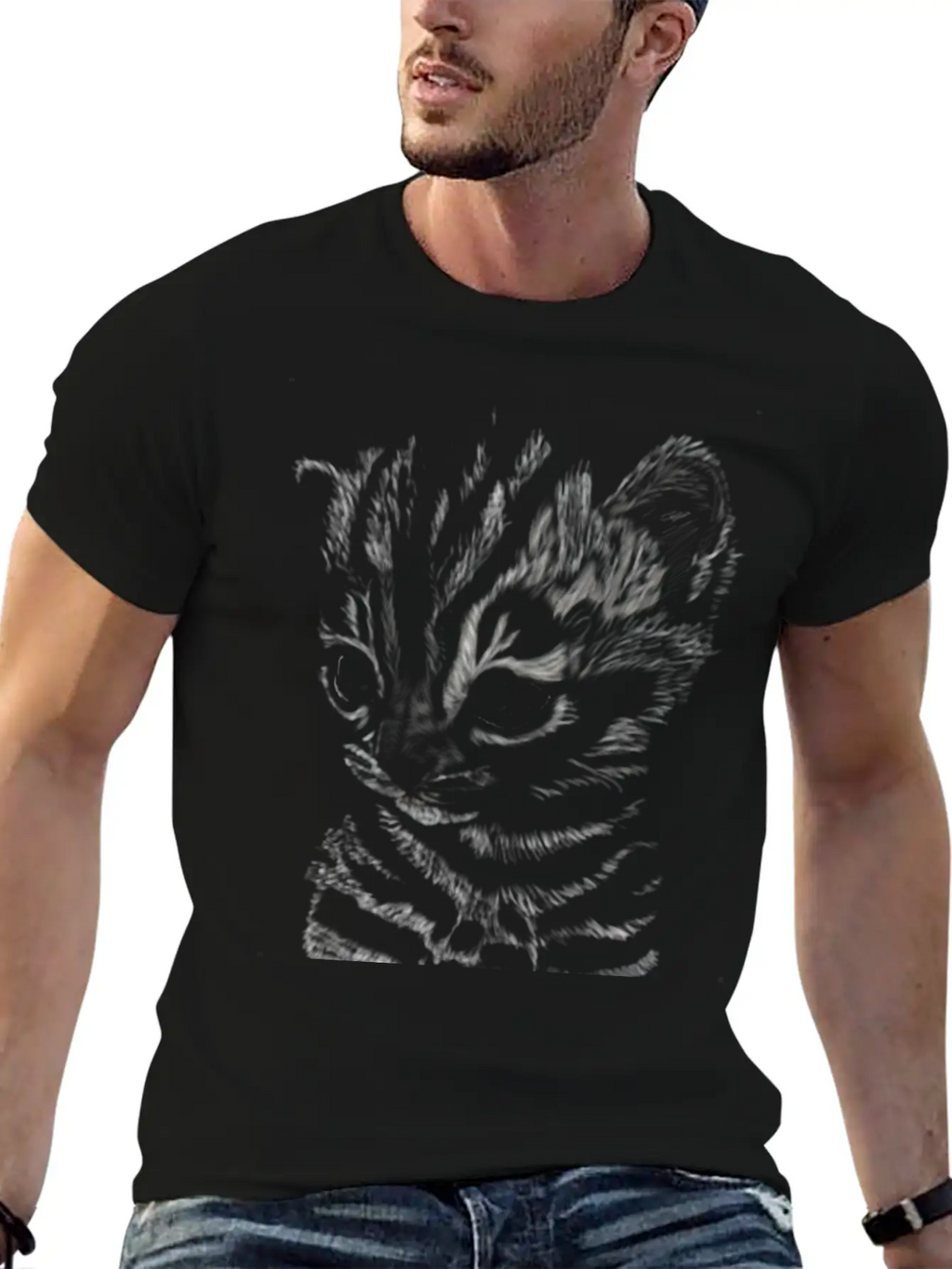 "Striped Kitten" Jamie's Hand-Drawn Cat Collection Soft Cotton Short Sleeve Tee – Unisex Wardrobe Staple