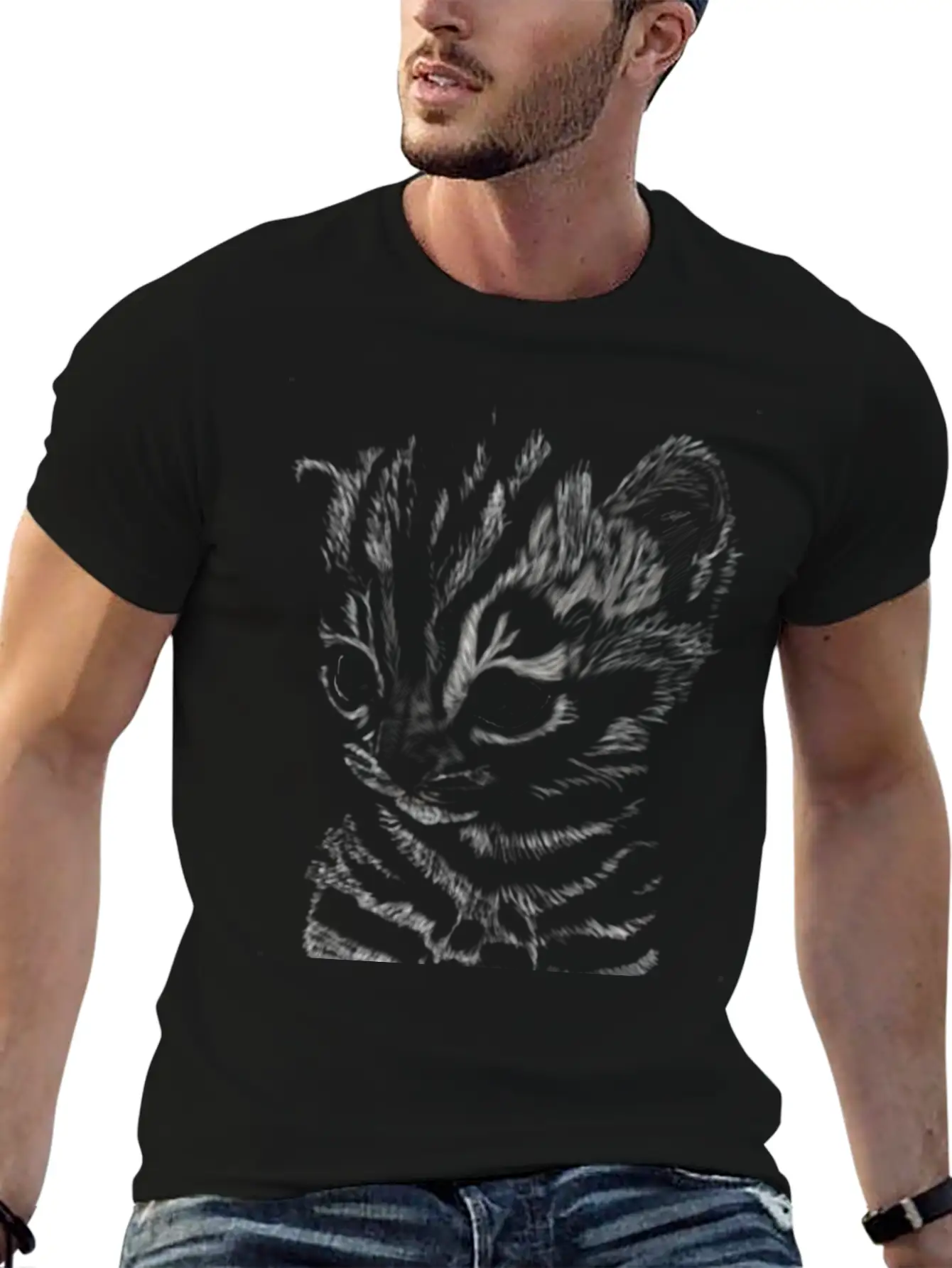 "Striped Kitten" Jamie's Hand-Drawn Cat Collection Soft Cotton Short Sleeve Tee – Unisex Wardrobe Staple