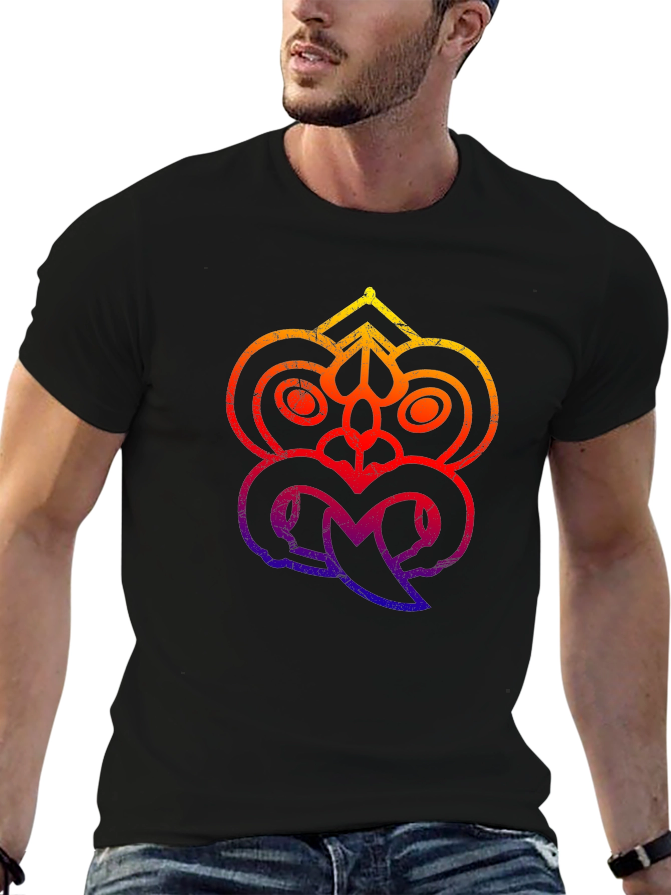 Abstract Tribal Face Graphic Black T-Shirt