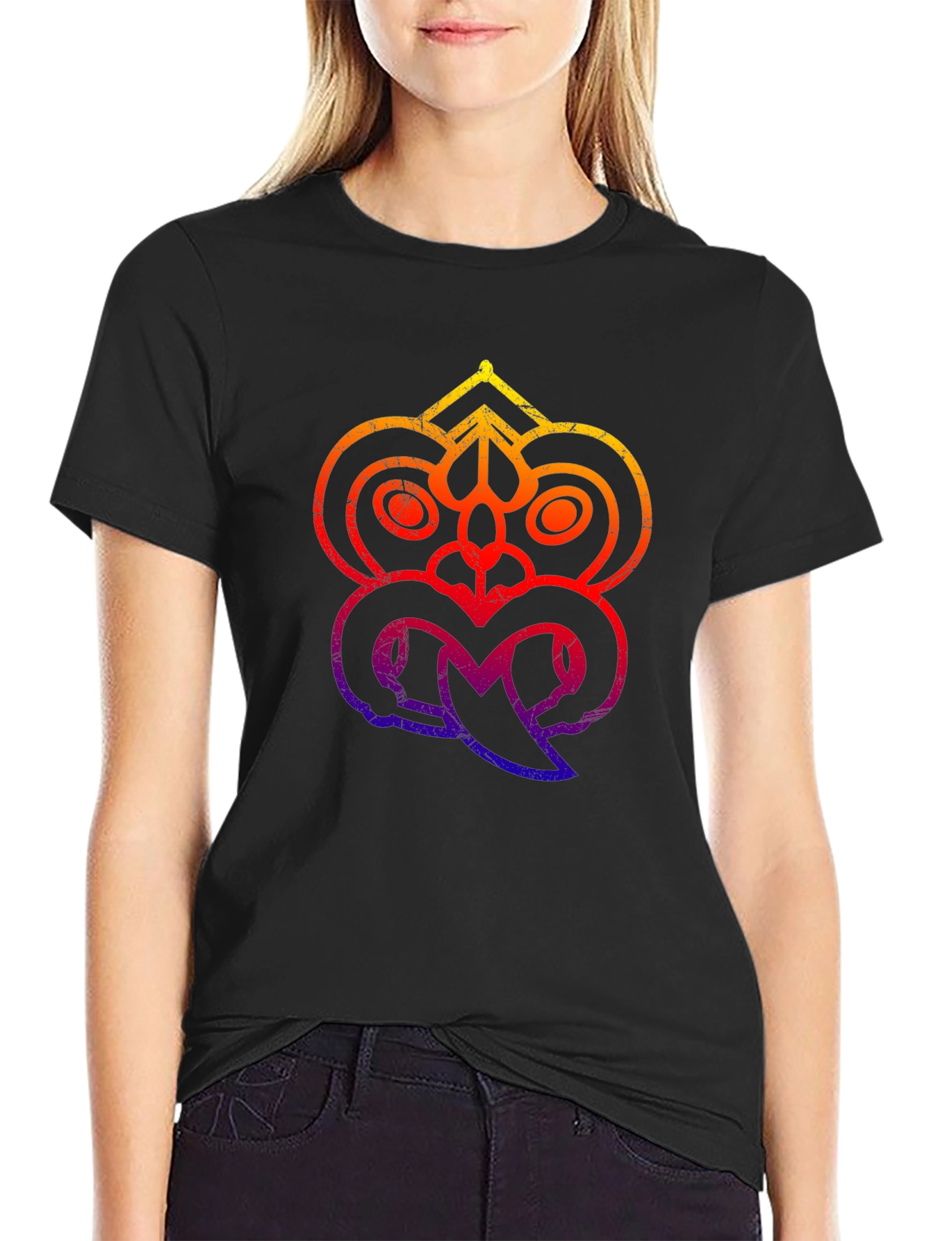 Abstract Tribal Face Graphic Black T-Shirt