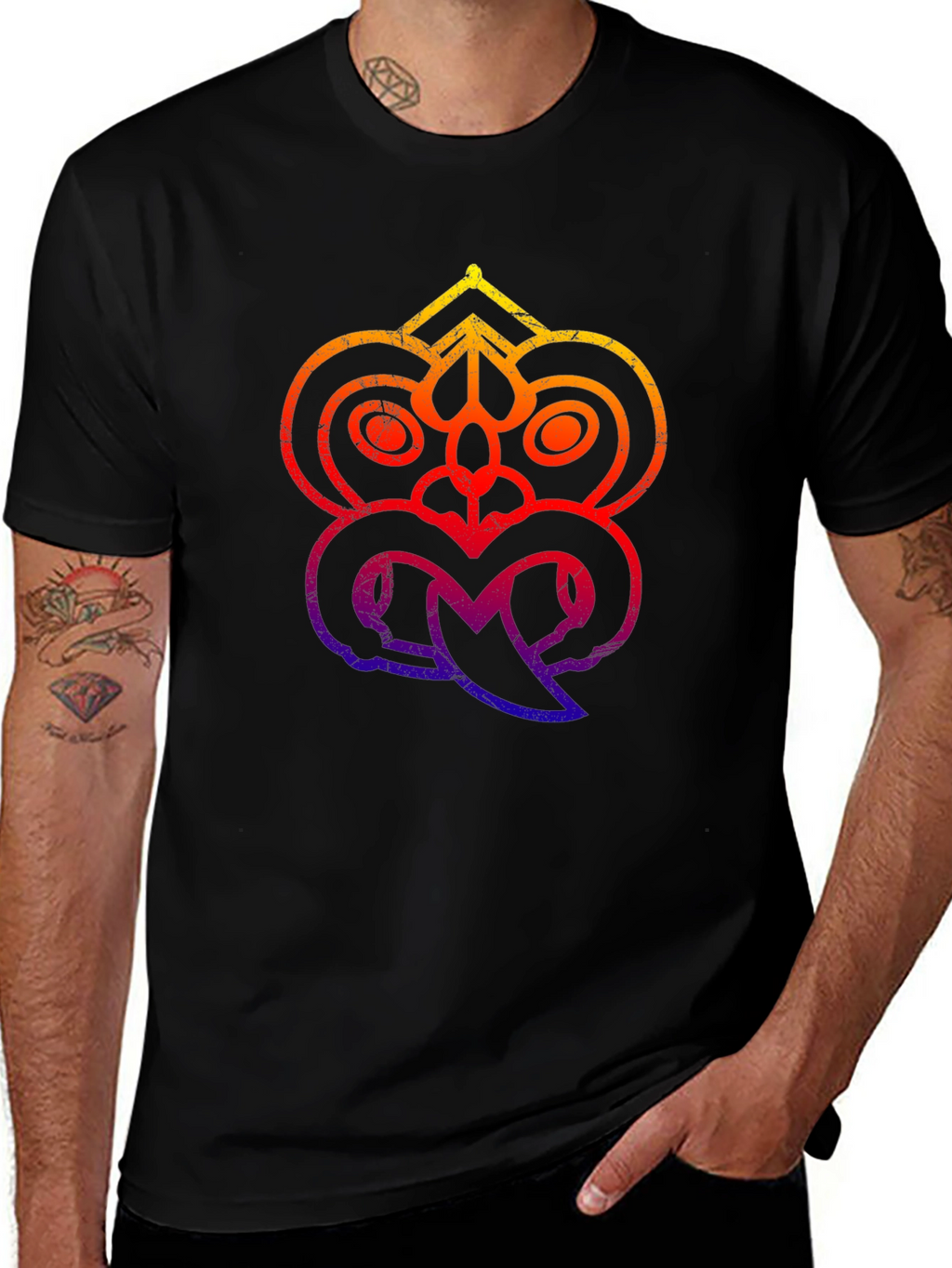 Abstract Tribal Face Graphic Black T-Shirt