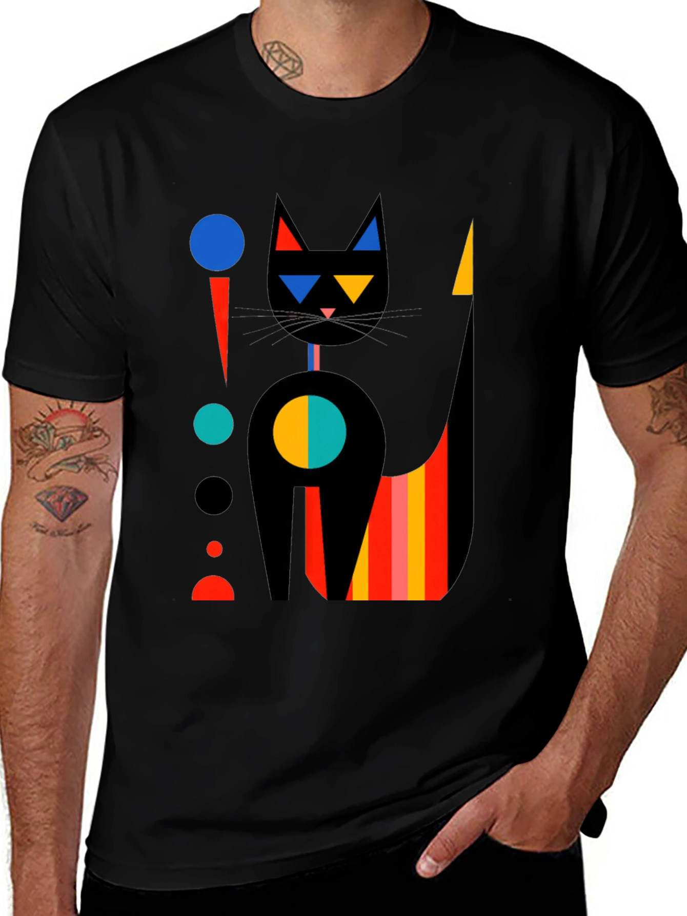 Abstract Geometric Cat Graphic Tee - Stylish Black T-Shirt