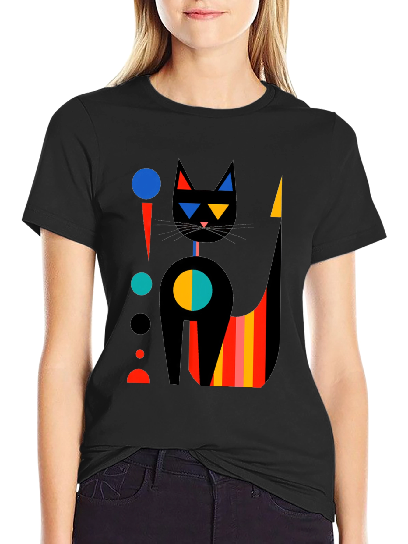 Abstract Geometric Cat Graphic Tee - Stylish Black T-Shirt