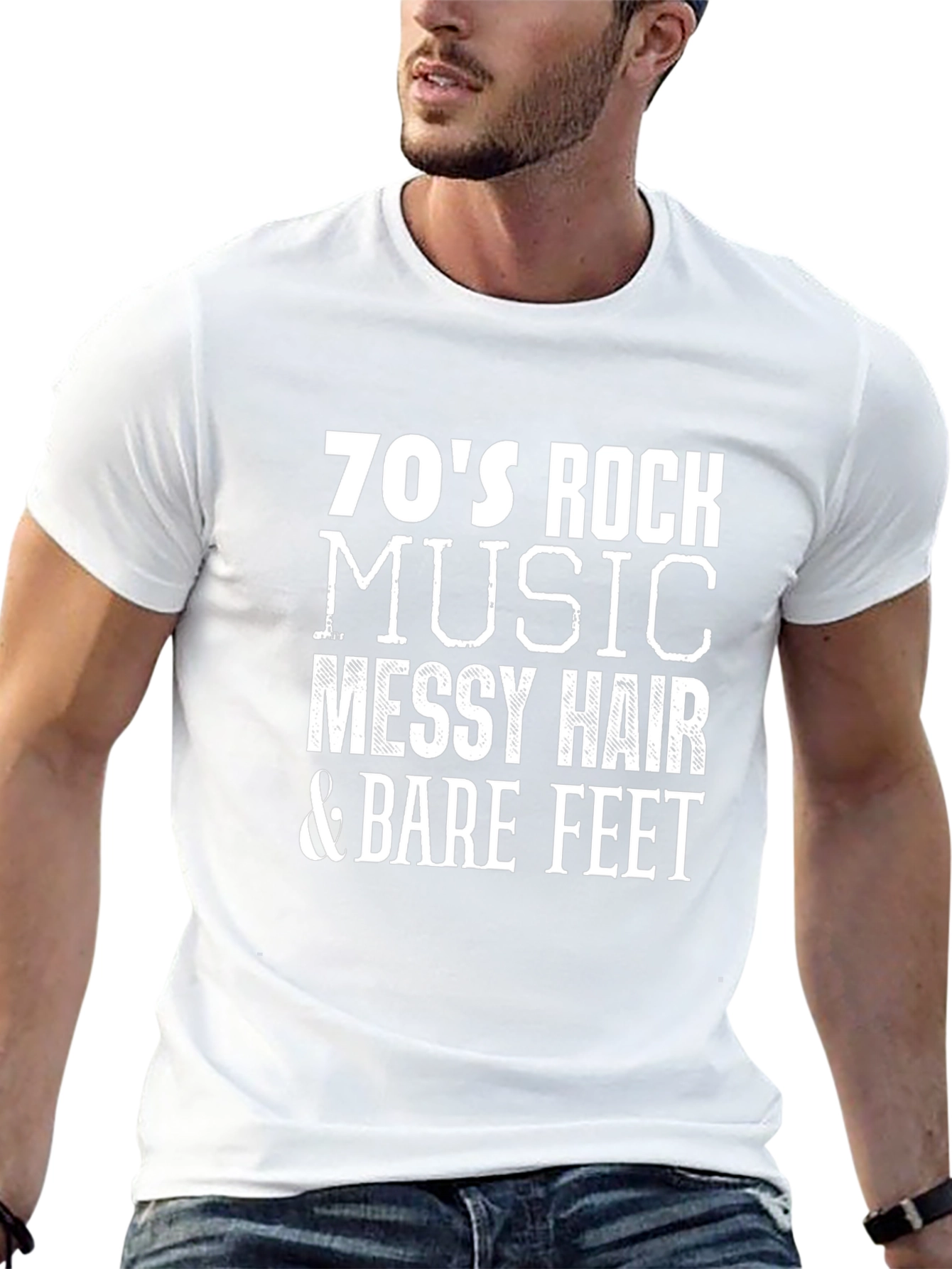 70s Rock Music T-Shirt - Messy Hair & Bare Feet