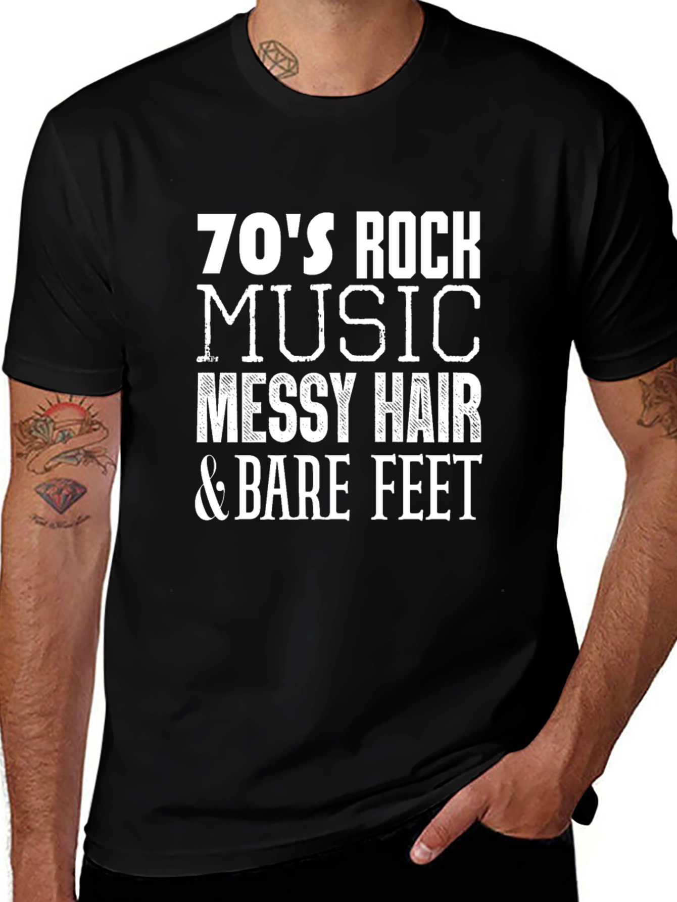 70s Rock Music T-Shirt - Messy Hair & Bare Feet