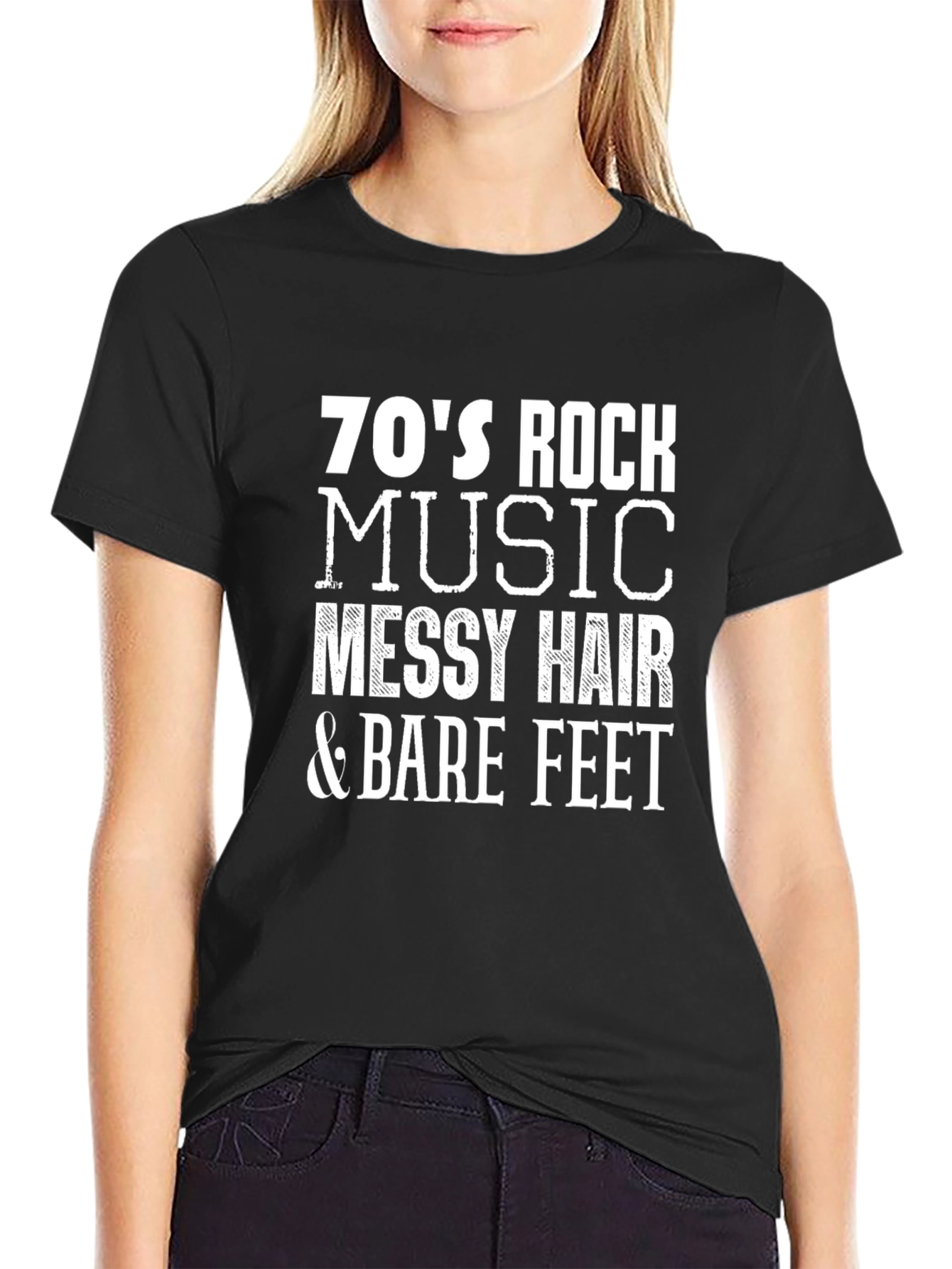 70s Rock Music T-Shirt - Messy Hair & Bare Feet