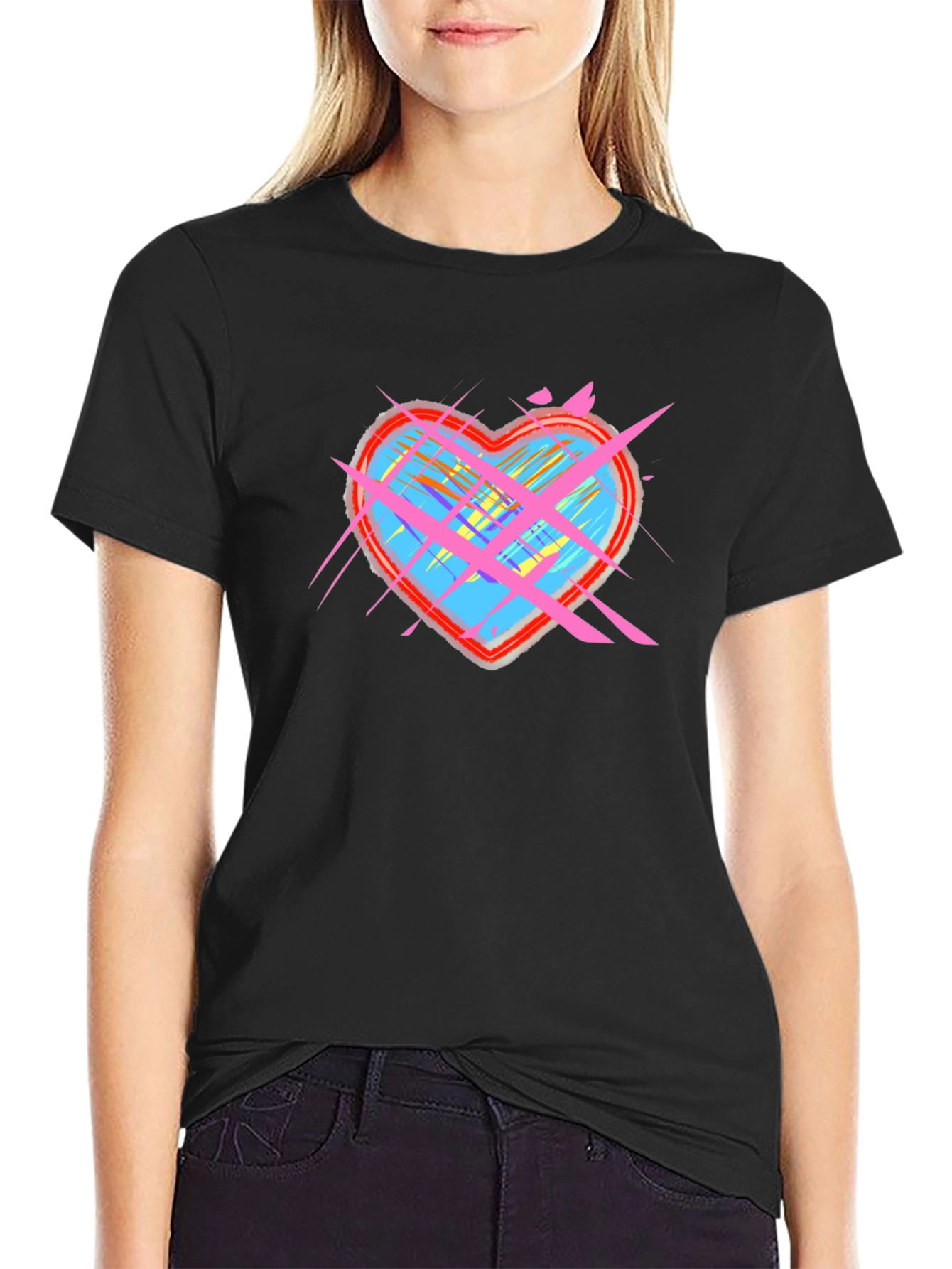 Abstract Heart Graphic Tee - Black Cotton Casual Top