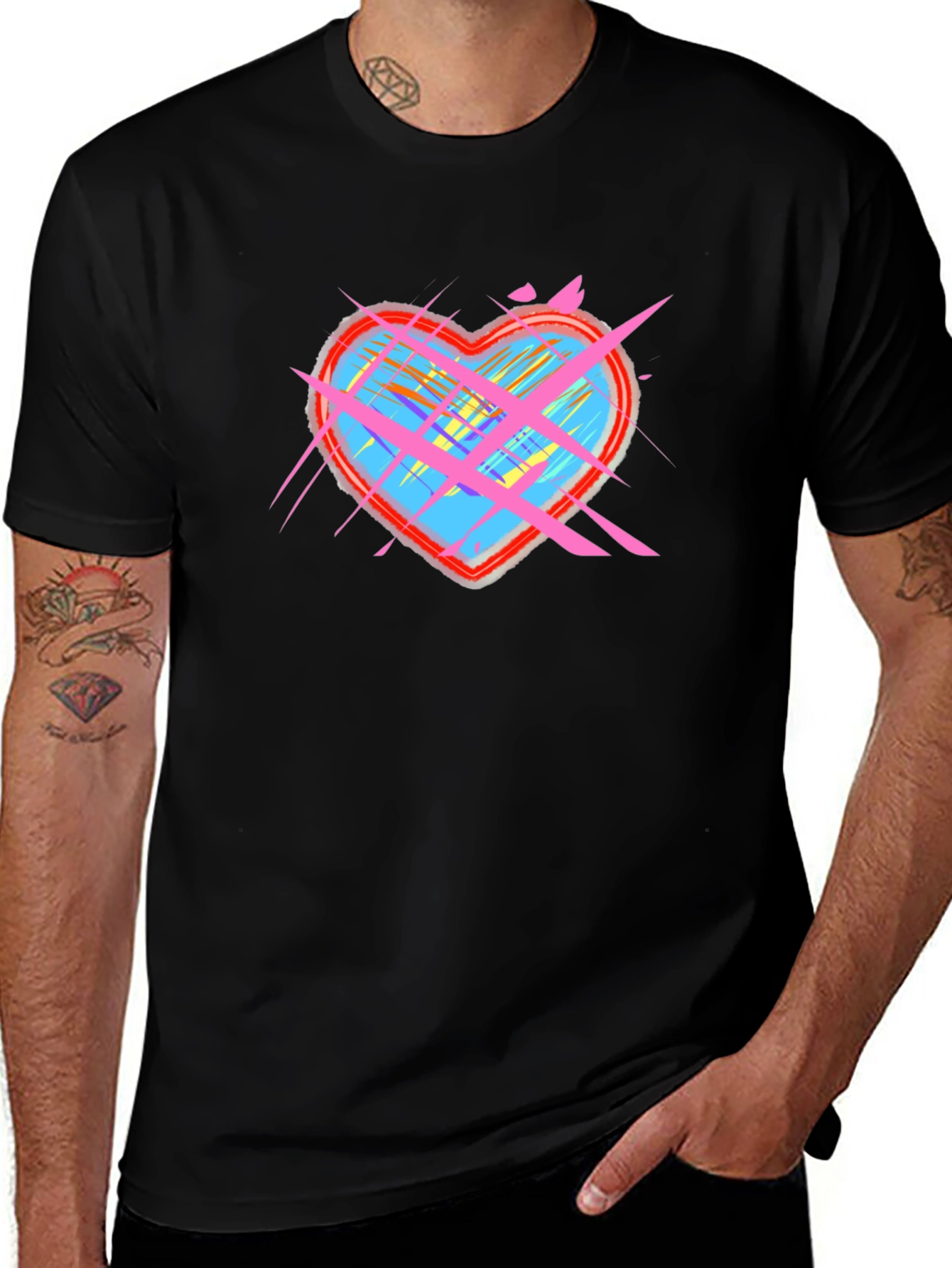 Abstract Heart Graphic Tee - Black Cotton Casual Top