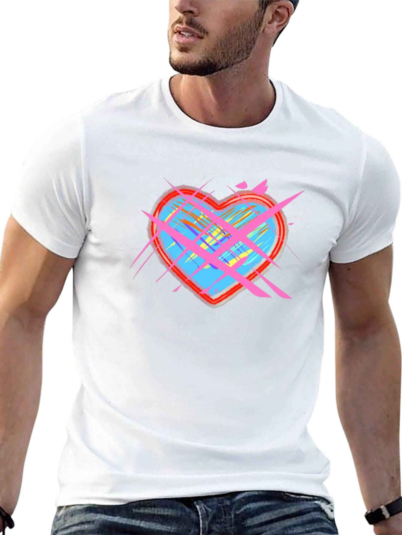 Abstract Heart Graphic Tee - Black Cotton Casual Top